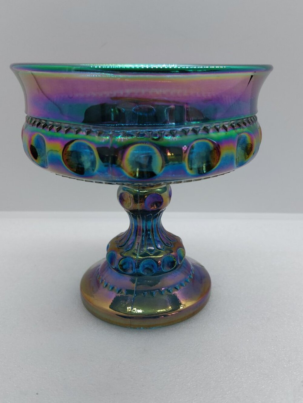 Vintage Indiana Glass Blue Iridescent Carnival Glass Footed 5" Candy Dish